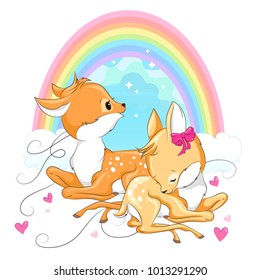 Cute baby deers with rainbow and pink hearts. Hand drawn vector cartoon  illustration for baby t-shirt design, fashion print, velentines day card, design element for children's 