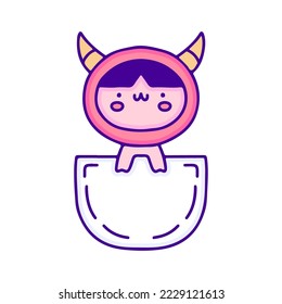 Cute baby in devil costume inside the pocket doodle art, illustration for t-shirt, sticker, or apparel merchandise. With modern pop and kawaii style.