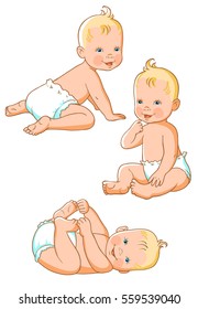Cute baby  in diaper. 0-12 months. Various poses. First year activities. positions on stomach, on back, legs in hands, sitting. Vector Illustration isolated on white background