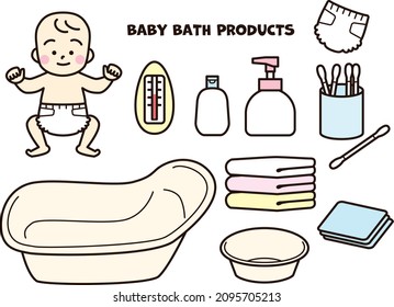 A cute baby in a diaper. Baby bath products.