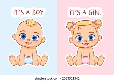 Cute baby in a diaper. Boy and Girl. A set of vector cartoon illustrations .