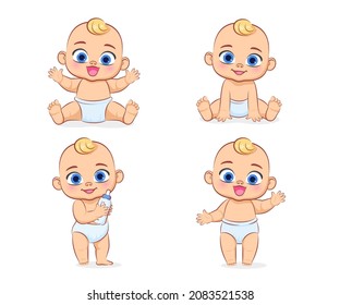 Cute baby in a diaper. Boy. A set of vector cartoon illustrations .