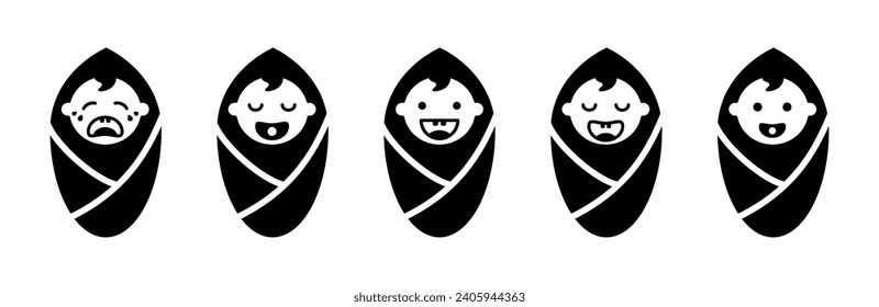 Cute baby in diaper with emotions icon. Black joyful and sleepy child wrapped in cocoon with pacifier upset and crying and laughing vector enthusiastically