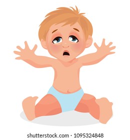 Cute baby  in diaper. Happy children. Sleepy baby begs for pens Vector illustration isolated on white background.