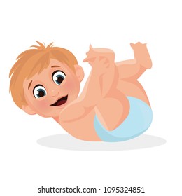 Cute baby  in diaper. Happy children. The kid lies on his back and holds his legs. Vector illustration isolated on white background.