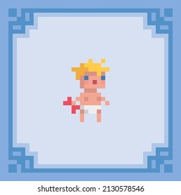 Cute baby in diaper. Pixel art character. Vector illustration in 8 bit style