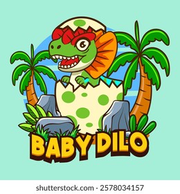 Cute Baby Dilophosaurus Dinosaur Character Mascot in Vector Cartoon Illustration Design for kid, sticker, badge, patch, banner, greeting card