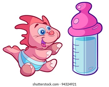 cute baby dino with big milk bottle