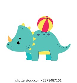 Cute Baby Dino Character with Ball Enjoy Summer Vector Illustration