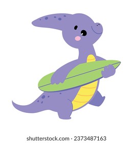 Cute Baby Dino Character Carry Surfboard Enjoy Summer Vector Illustration