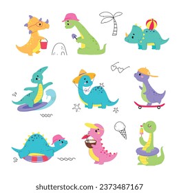 Cute Baby Dino Character Enjoy Summer Vector Set