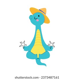 Cute Baby Dino Character in Hat Meditate Enjoy Summer Vector Illustration