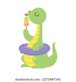 Cute Baby Dino Character Lick Ice Cream Sit with Rubber Ring Enjoy Summer Vector Illustration