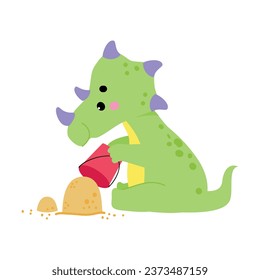 Cute Baby Dino Character Play with Sand and Bucket Enjoy Summer Vector Illustration