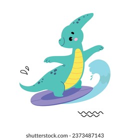 Cute Baby Dino Character Ride Wave on Surfboard Enjoy Summer Vector Illustration