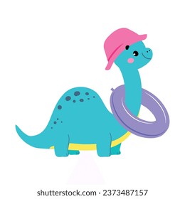 Cute Baby Dino Character with Rubber Ring Enjoy Summer Vector Illustration