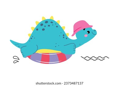 Cute Baby Dino Character Swim with Rubber Ring Enjoy Summer Vector Illustration