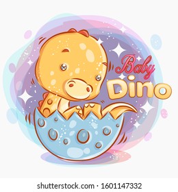 Cute Baby Dino get out From the Egg.Colorful Cartoon Illustration. Vector eps.10