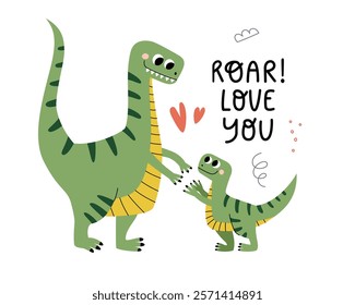 Cute baby dino with mom. Sweet dinosaur kid cuddling with parent, comic monsters, maternal love, care, son and mother, vector illustration