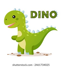 Cute baby dino in natural environment with text isolated on white background.