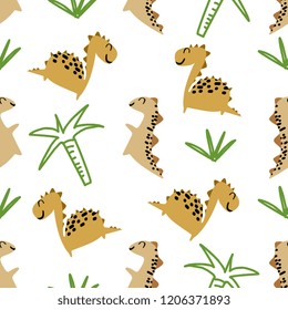Cute baby dino seamless pattern. Dinosaur animal monster hand drawn cartoon for kids and children fashion print.