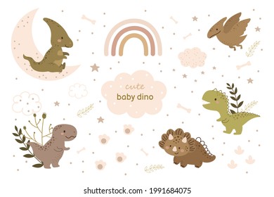 Cute baby dinos characters set. Cartoon dinosaurs animal for kids cards, baby shower, birthday invitation, house interior. Bright colored childish vector illustration.