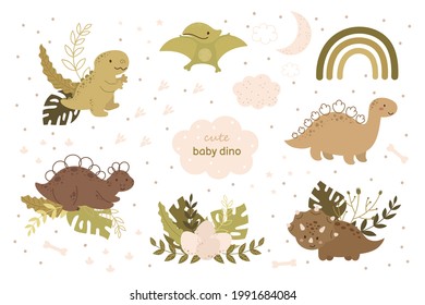 Cute baby dinos characters set. Cartoon dinosaurs animal for kids cards, baby shower, birthday invitation, house interior. Bright colored childish vector illustration.