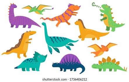 Cute baby dinos set. Funny roaring dinosaurs, cartoon stegosaurus, comic creatures. Vector illustration for prehistoric animals, reptiles, ancient wildlife concept