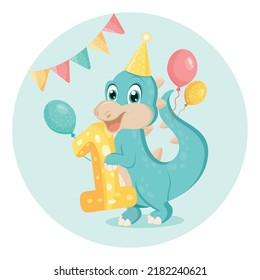 Cute Baby Dinosaur. Birthday Invitation. 1 Year, 1 Month. Happy Birthday Card.