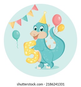 Cute baby dinosaur. Birthday invitation. five years, five months. Happy birthday greeting card.