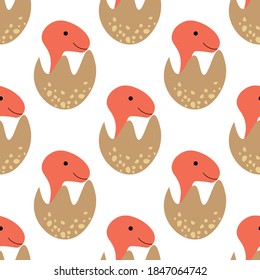 Cute baby dinosaur in a brown egg on a white background. Beautiful predators in a flat style. Cartoon animals for web pages.
Stock vector illustration for decor, design, textile baby,
wallpaper