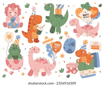 Cute baby dinosaur carrying festive birthday party accessories and supplies vector illustration. Colorful happy jurassic dino kids characters holding gift box, balloons, sweet cakes doodle design