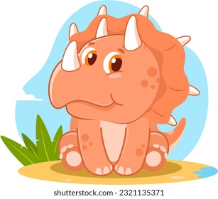 Cute Baby Dinosaur Cartoon Character Seating. Vector Illustration Flat Design Isolated On Transparent Background