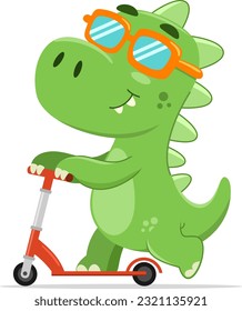 Dargestellt Cute Baby Dinosaur Cartoon Charakter Riding a Scooter. handgezeichnete Vektorgrafik einzeln auf transparentem Hintergrund