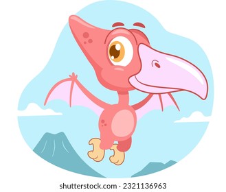 Cute Baby Dinosaur Cartoon Character Flying In The Sky. Vector Illustration Flat Design Isolated On Transparent Background