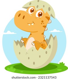 Cute Baby Dinosaur Cartoon Character Hatching From Egg. Vector Illustration Flat Design Isolated On Transparent Background