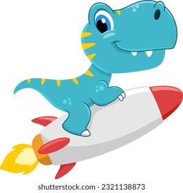 Cute Baby Dinosaur Cartoon Character Flying On The Rocket. Vector Illustration Flat Design Isolated On Transparent Background