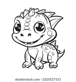 Cute Baby Dinosaur Character, line art. Coloring page for kids and adults, cartoonish, cute.