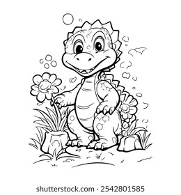 Cute Baby Dinosaur Character line art. Coloring page for kids. Vector illustration