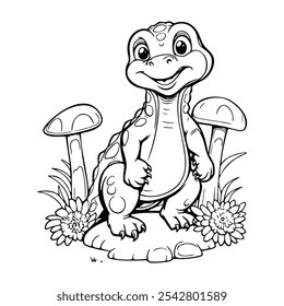 Personagem bonito do bebê do dinossauro da arte da linha. Página de coloração para crianças. Ilustração vetorial