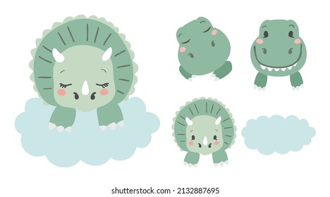 Cute Baby Dinosaur And Cloud On White Background. Girl And Boy Baby Shower Invitation Elements. Set Of Little Dino Head Vector Illustration.