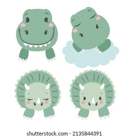 Cute baby dinosaur and cloud on white background. Girl and boy baby shower invitation elements. Set of little dino head vector illustration.