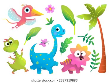 Cute Baby Dinosaur Collection for Children. Colorful and Playful imaginary dino animals, nature objects clip art for kids. Vector funny dinosaur, isolated clipart collection for children.