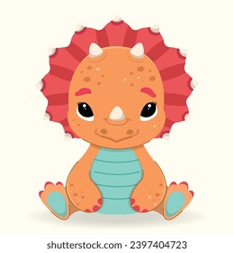 Cute baby dinosaur. Colorful Triceratops. Ancient, prehistoric world. Fossil. Vector, bright illustration in cartoon style.