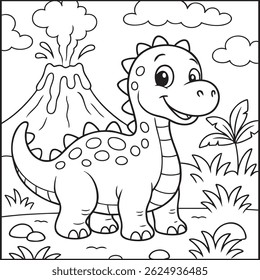 Cute Baby Dinosaur Coloring Page Smiling Cartoon Dino with Volcano, Clouds, and Jungle Plants Printable Line Art for Kids