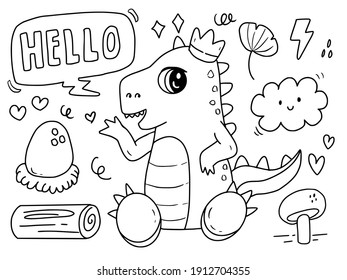 Cute baby dinosaur doodle drawing coloring page illustration cartoon for kids collection set