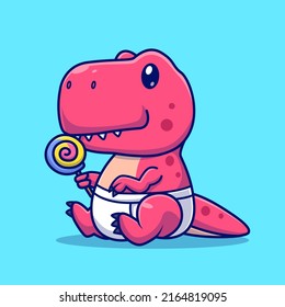 Cute Baby Dinosaur Eating Lollipop Candy Cartoon Vector Icon Illustration. Animal Nature Icon Concept Isolated Premium Vector. Flat Cartoon Style