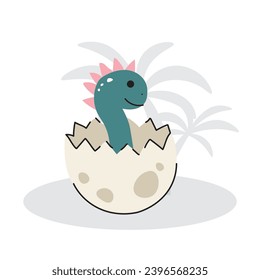 Cute baby dinosaur in egg in flat style isolated on white background. Vector illustration