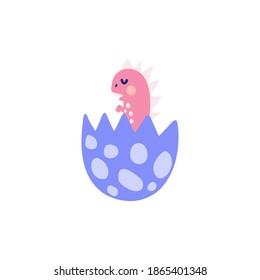 Cute baby dinosaur in the egg shell. Funny little dino calling his mother. Prehistoric animal hatched from an egg clipart element. Vector illustration 