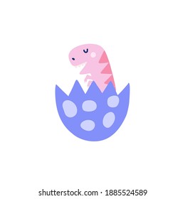 Cute baby dinosaur in the egg shell. Funny little dino calling his mother. Prehistoric animal hatched from an egg clipart element. Vector illustration 